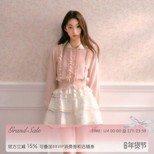 RECIT 粉色娃娃领含羊毛针织开衫女冬季小众设计感短款毛衣外套