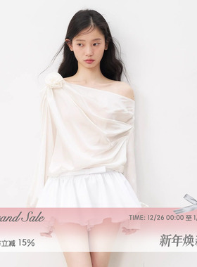 RECIT 白色光泽感缎面短裙裤女冬季立体蝴蝶结千金褶皱蓬蓬半身裙