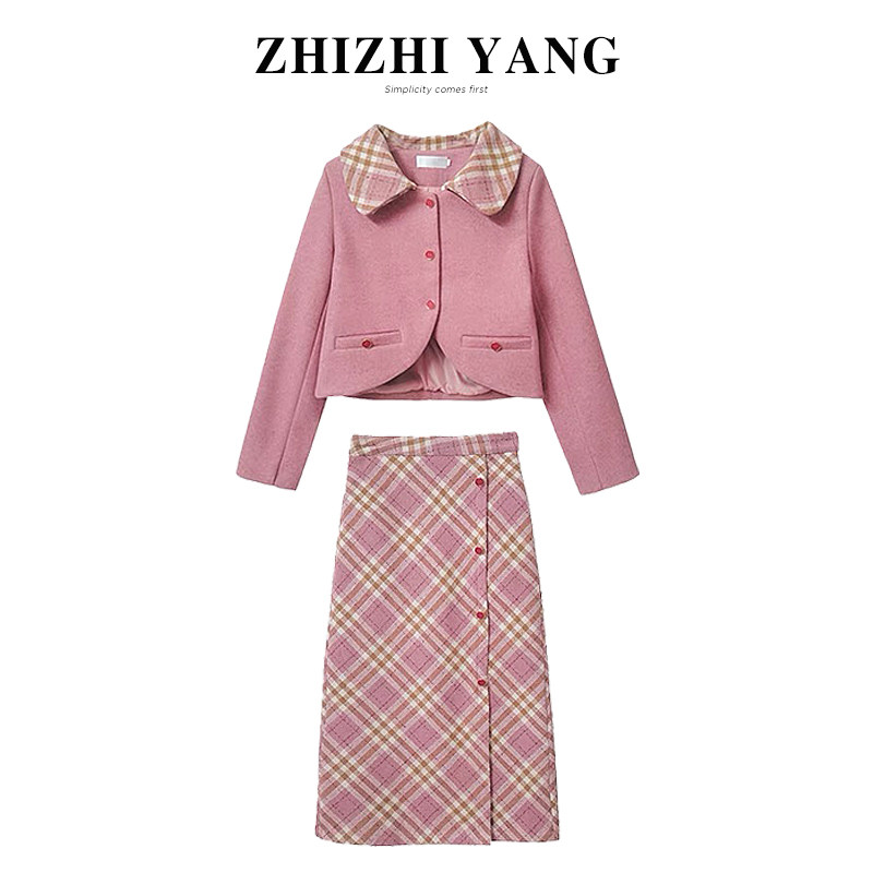 清仓价！港风复古粉色格纹小洋装两件套少女秋冬小香风毛呢套装裙,女装/女士精品,时尚套装,淘宝优惠券,粉丝福利购,淘宝优惠卷
