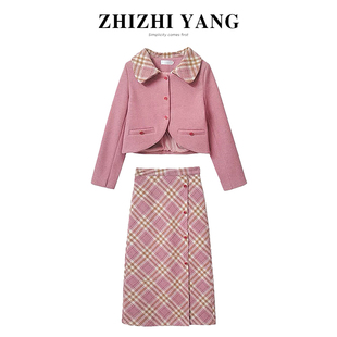 清仓价！港风复古粉色格纹小洋装两件套少女秋冬小香风毛呢套装裙