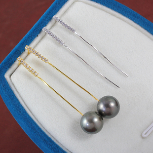 DIY珍珠配件 S925纯银轻奢高级感长款珍珠锆石耳线耳饰配件空托