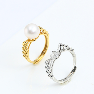 S925纯银DIY戒指 珍珠小香戒托配件大气质优雅开口可调节女送礼