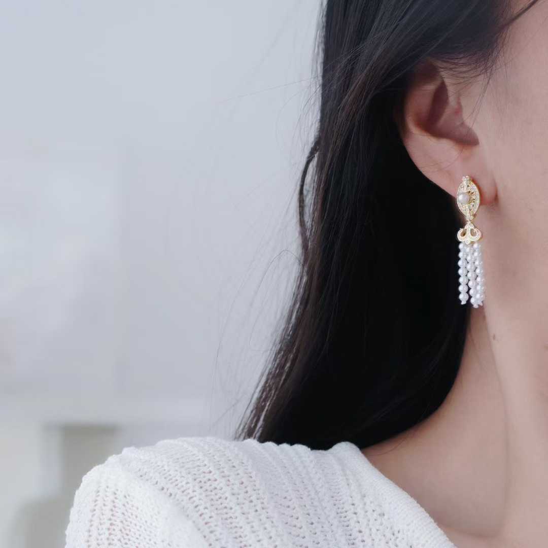 S925银精致流苏多珠耳饰空托