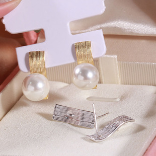 DIY珍珠配件 S925纯银时尚拉丝波浪S形珍珠耳钉配件空托个性耳坠