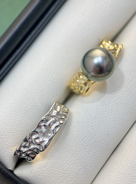 S925纯银时尚不规则刻纹珍珠戒指