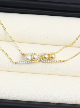 并连双珠锆石珍珠项链长款吊坠