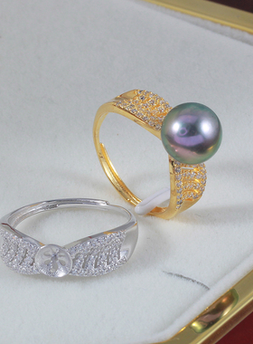 S925纯银微镶锆石宽版珍珠戒指