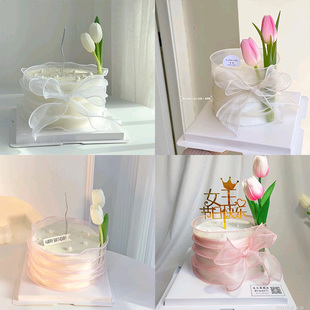 女神蛋糕装饰简约风丝带郁金香花束蛋糕母亲节妈妈节日快乐蛋糕