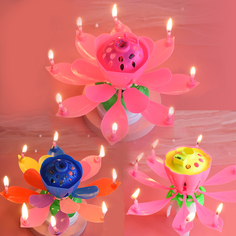 网红莲花音乐生日蜡烛儿童创意旋转开花会唱歌的荷花灯蛋糕用装饰