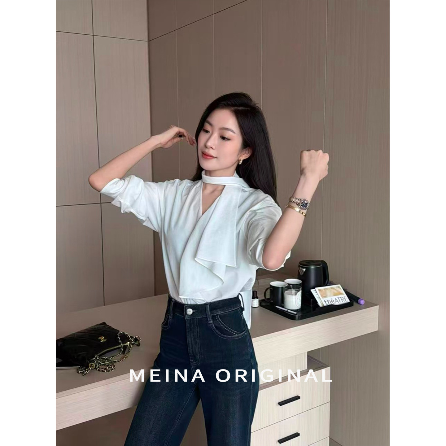 MEINA【青瓷白鹭】法式飘带挂脖衬衫小众轻奢显瘦设计感V领女装图片