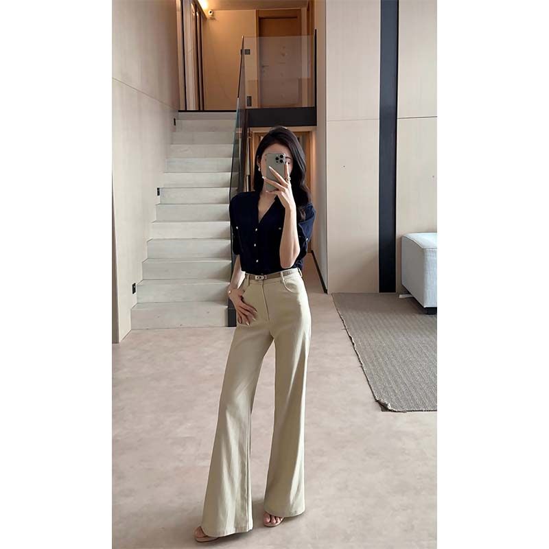 美娜加厚卡其直筒西裤女2025秋冬新款老钱风微喇裤高腰休闲裤子