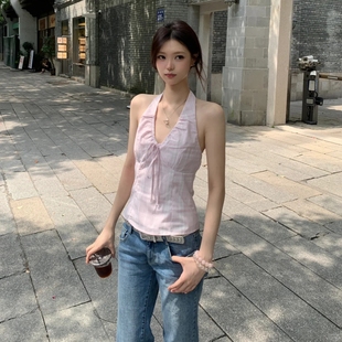 甜美风粉色条纹挂脖背心设计感露背辣妹吊带上衣女夏季 heyabc