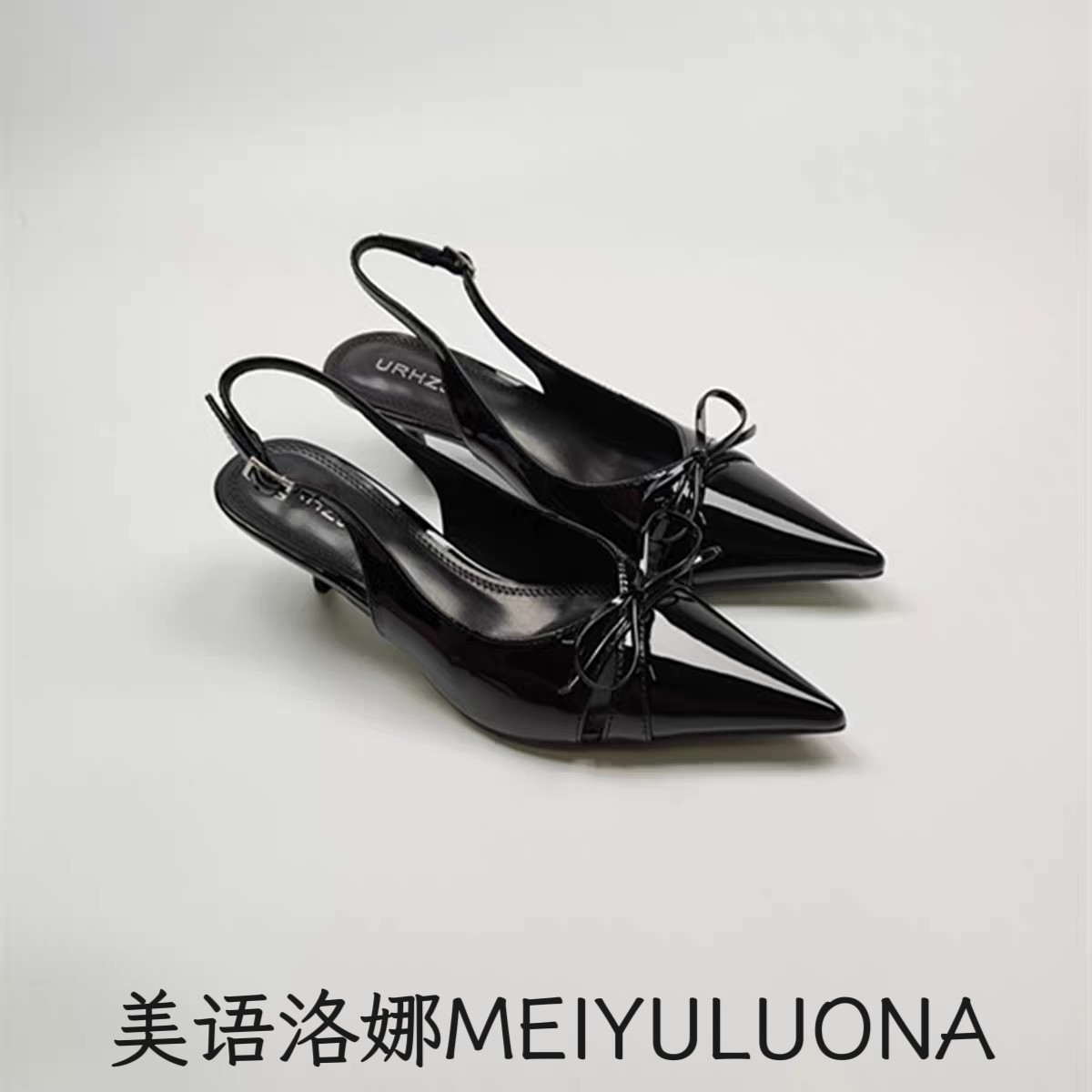 UR2025新款百搭女士高跟名媛时尚后空蝴蝶结性感尖头猫跟黑色单鞋