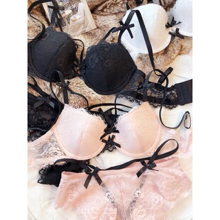 法式 女文胸大胸显小软钢圈聚拢胸罩 纯欲蕾丝蝴蝶结性感内衣套装