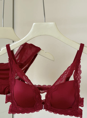 红色本命年蕾丝文胸女属马小胸聚拢前扣美背无钢圈性感内衣套装