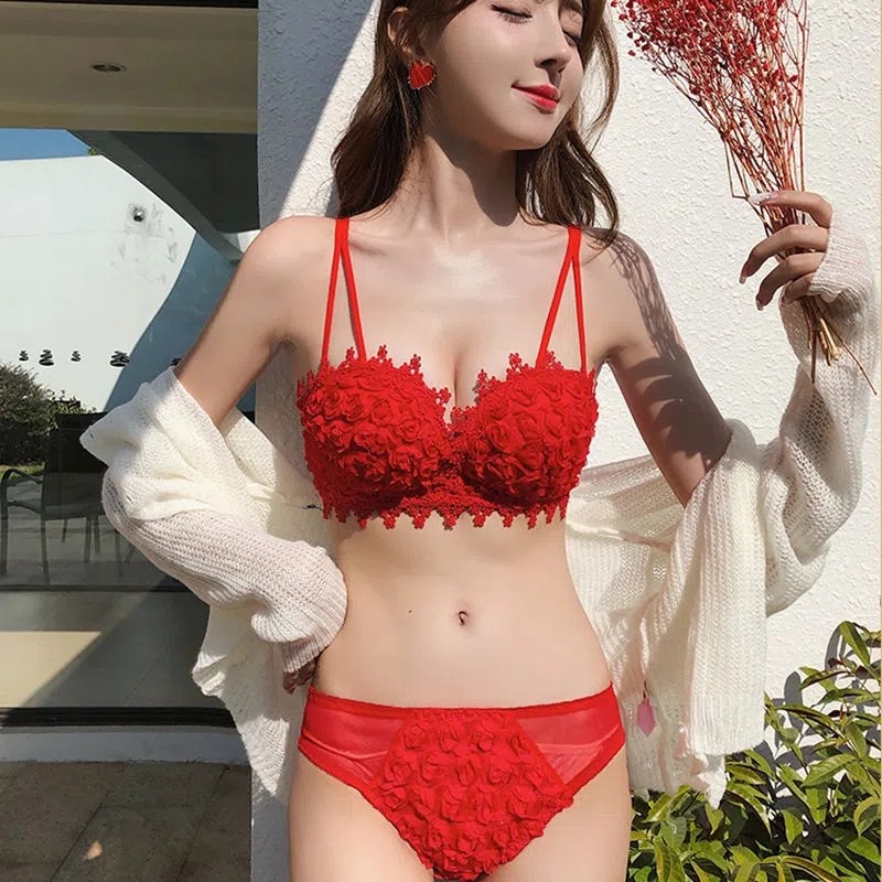 红色内衣女无钢圈加厚小胸显大聚拢文胸套装性感本命年调整型胸罩