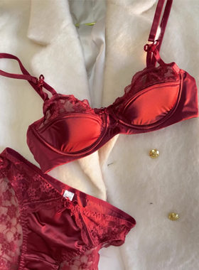 法式薄款蕾丝缎面文胸女红色本命年聚拢收副乳防下垂性感内衣套装