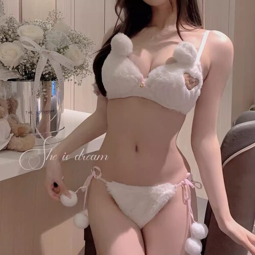 少女可爱内衣毛绒小熊文胸套装