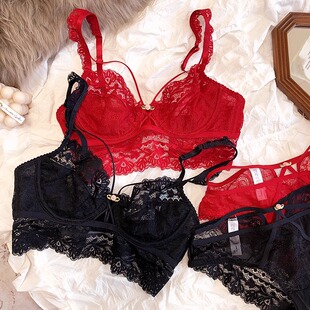 本命年红色内衣女性感蕾丝超薄款有钢圈文胸套装大胸显小D杯大码