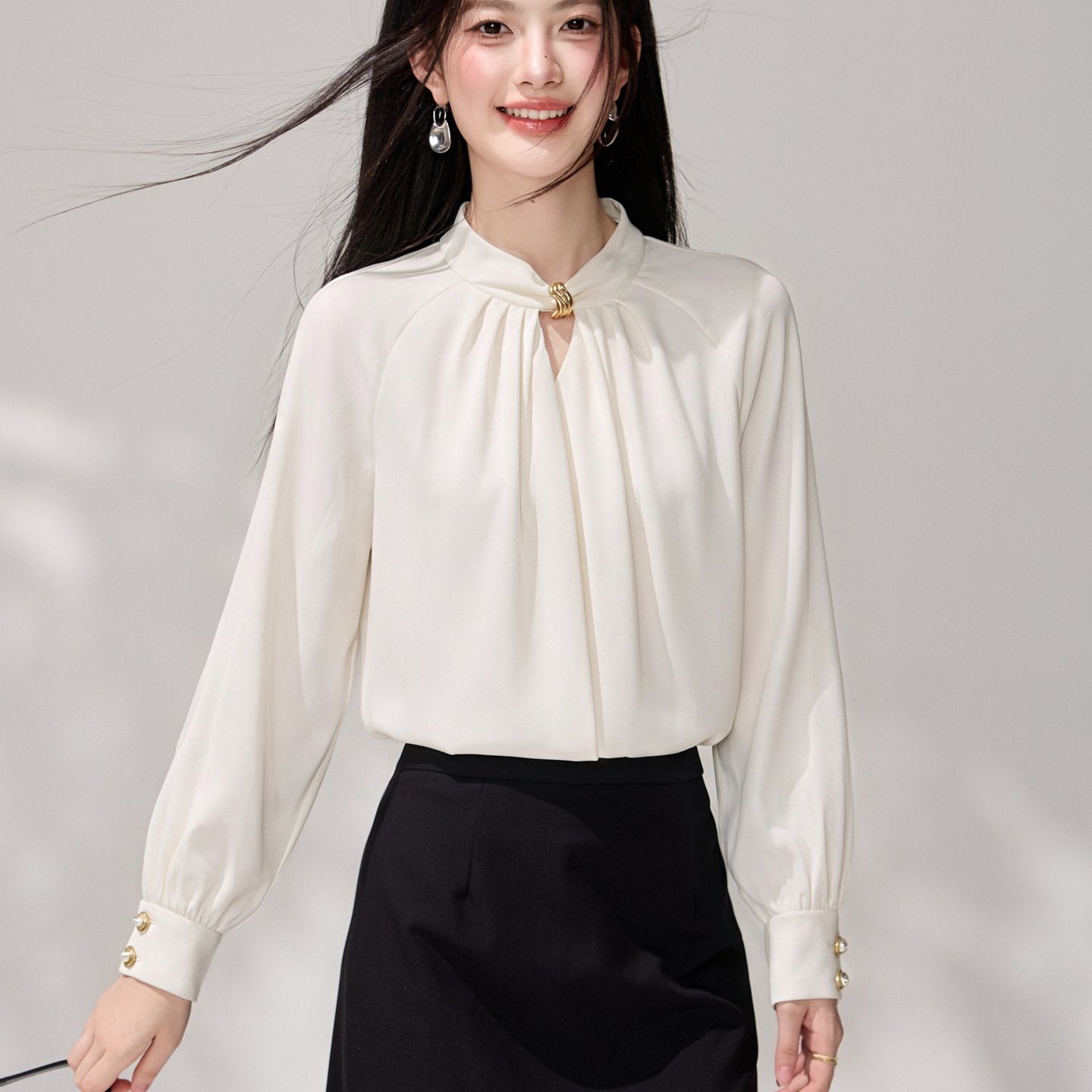 小个子加小码女装秋季150cm新款XXS立领长袖缎面衬衫女打底衫上衣