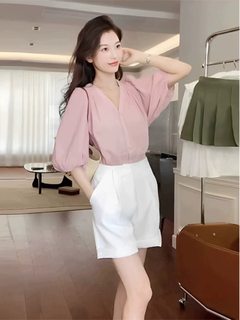 夏季女装新款仙女超仙别致绝美上衣法式甜美系粉红色衬衫短裤套装