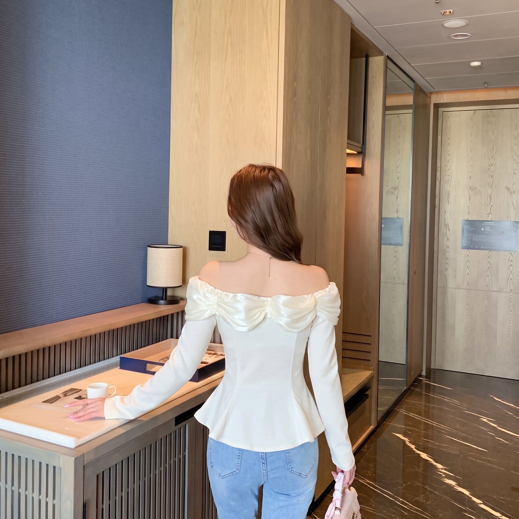 加小码女装秋装矮个子XXS150cm新款一字肩蝴蝶结荷叶摆小衫女