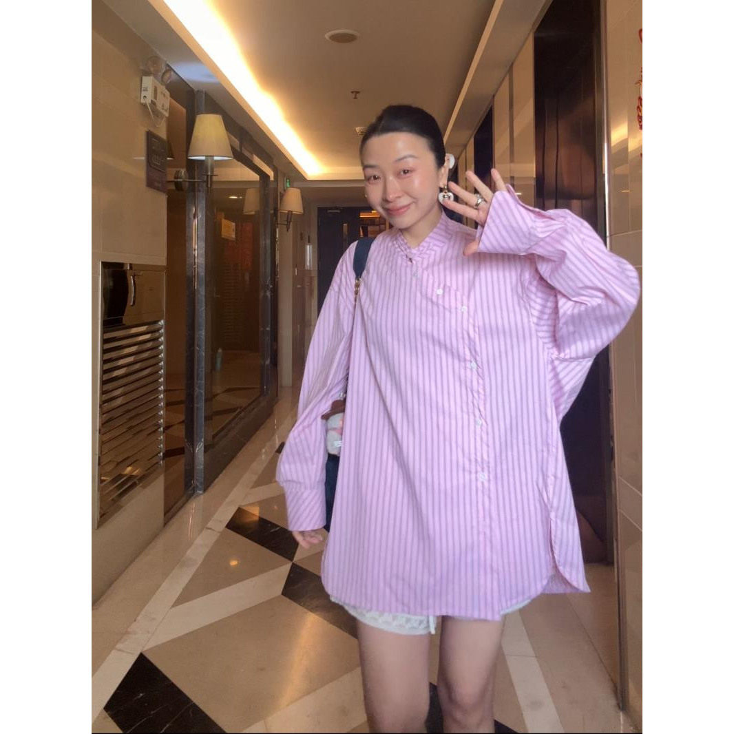 （锦上添花）新中式盘扣设计粉色条纹衬衫时尚百搭