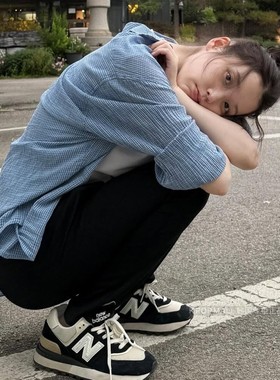 LOW CLASSIC韩国代购 IU同款蓝色格子衬衫宽松显瘦设计感长袖上衣