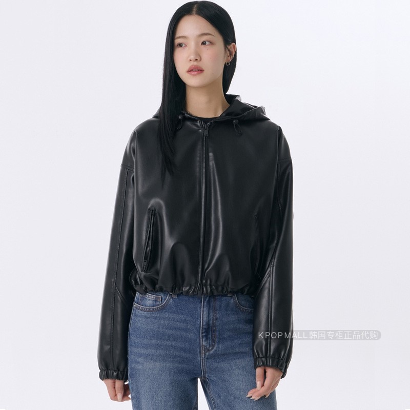 韩国正品代购 MUSINSA STANDARD WOMAN 女款皮革露脐连帽夹克