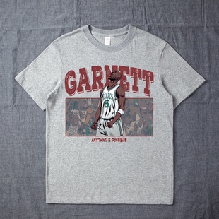 夏季纯棉短袖t恤凯尔特人队加内特卡通手绘球星圆领T恤篮球半袖男