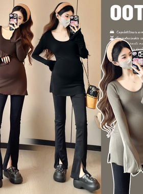 孕妇装上衣女2025新款修身显瘦百搭T恤喇叭长袖打底衫内搭秋冬装