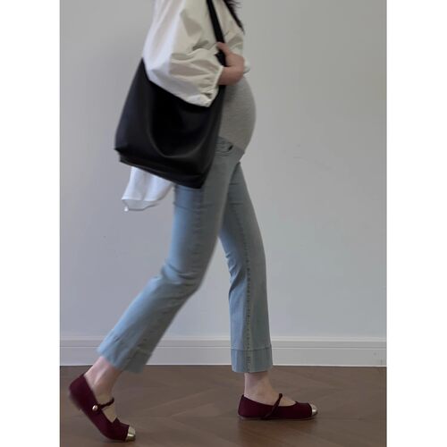 AUMS孕妇牛仔喇叭裤高弹力托腹