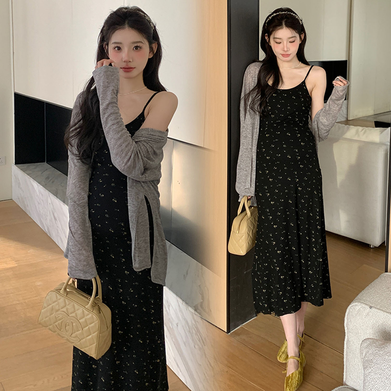 AUMS孕妇碎花吊带裙针织开衫