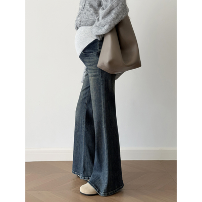 复古蓝孕妇拖地牛仔喇叭裤子秋冬季外穿韩版显瘦百搭弹力托腹长裤