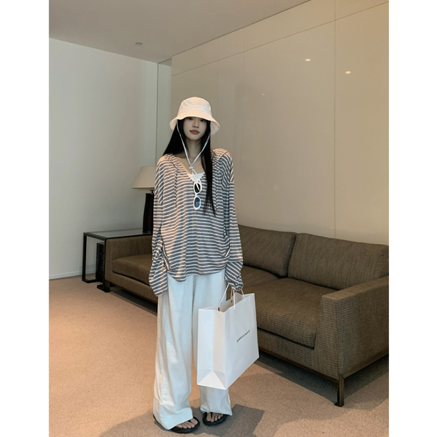 孕妇秋季套装宽松慵懒风背心连帽条纹长袖T恤上衣阔腿裤子三件套