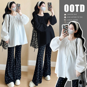 春装 春季 2026新款 白色宽松圆领衬衣黑色喇叭裤 两件套 韩版 孕妇套装