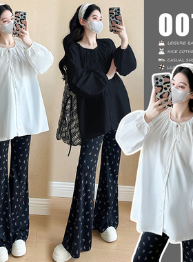 孕妇套装春秋季2025新款韩版白色宽松圆领衬衣黑色喇叭裤子两件套