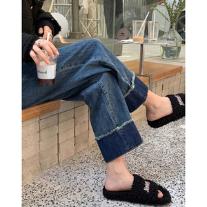 复古孕妇翻边牛仔裤子九分春秋季2024新款外穿春装显瘦阔腿直筒裤