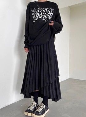 不规则孕妇百褶半身裙秋冬季中长款可调节显瘦纯黑色托腹A字裙子