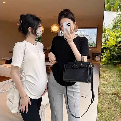 孕妇装春装上衣女2026新款纯色圆领修身显瘦不规则褶皱短袖T恤夏