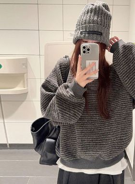 孕妇上衣女2025新款慵懒风宽松圆领显瘦撞色条纹长袖套头卫衣秋装