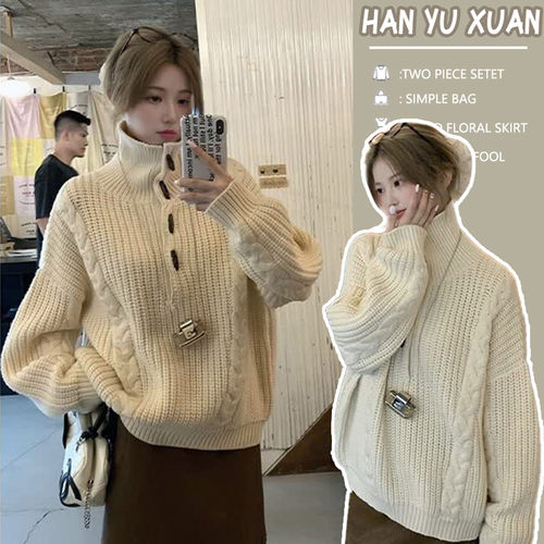 AUMS孕妇麻花牛角扣针织毛衣