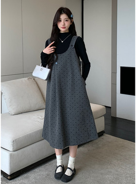 孕妇套装秋装2025新款半高领打底衫内搭波点背带连衣裙秋季两件套