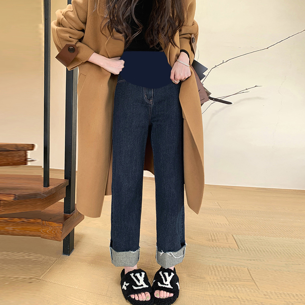 孕妇秋冬蓝色翻边外穿阔腿牛仔裤