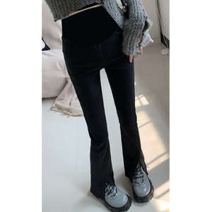 黑色前开叉孕妇微喇牛仔裤子春秋季薄款新款显瘦修身弹力拖地长裤