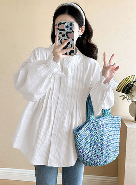 孕妇装2025新款秋季宽松休闲显瘦孕期褶皱立领长袖白色娃娃衫上衣