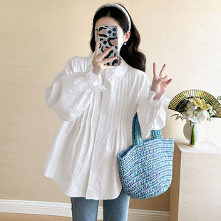 白色娃娃衫 孕妇装 宽松休闲显瘦孕期褶皱立领长袖 秋季 上衣 2025新款
