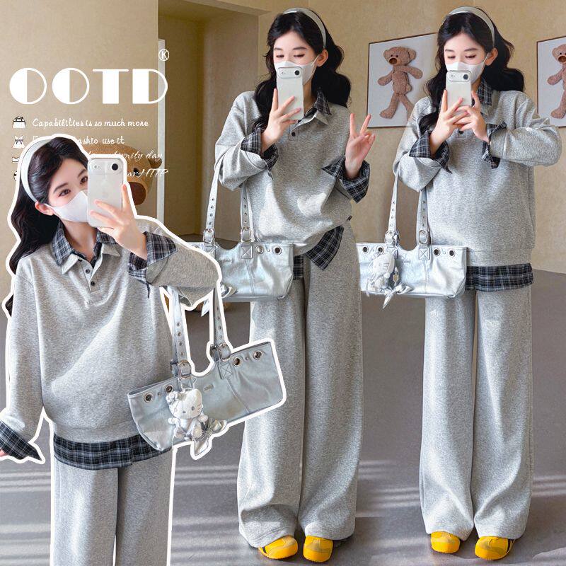 孕妇套装春装2026新款格子拼接POLO领假两件卫衣运动阔腿裤两件套