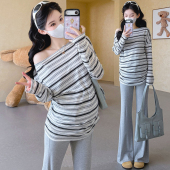 上衣女微喇休闲裤 孕妇套装 一字领斜肩条纹长袖 2026新款 两件套 春装