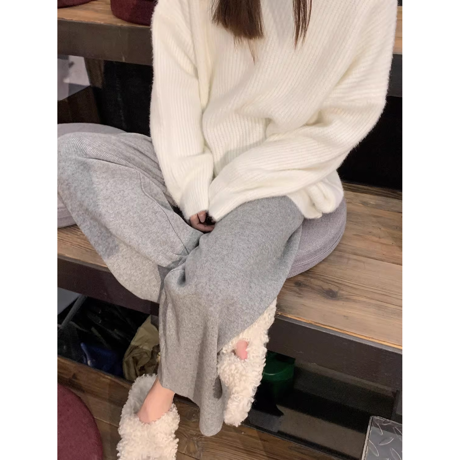 AUMS孕妇针织拖地直筒阔腿裤